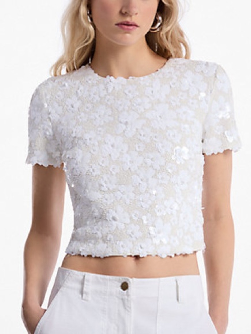 NWOT Michael Kors White Floral Embellished Scuba Top Size S
